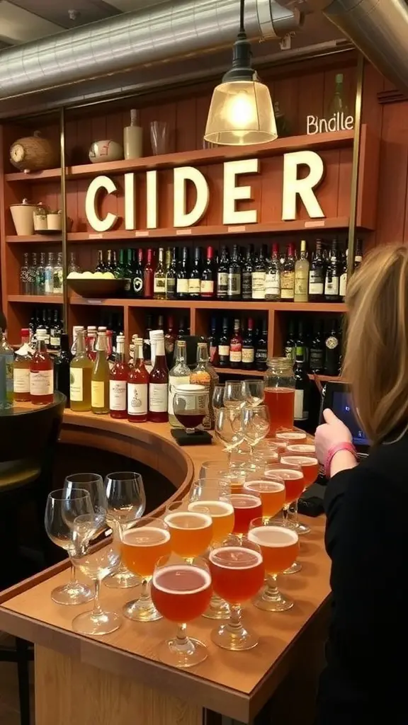 A cider bar setup with tasting glasses and bottles on display