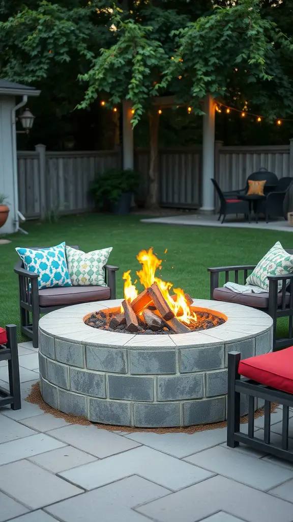 A cozy cinder block fire pit surrounded by chairs with colorful cushions in a backyard.