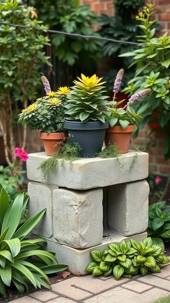 Cinder block plant stand with multiple potted plants in a garden setting