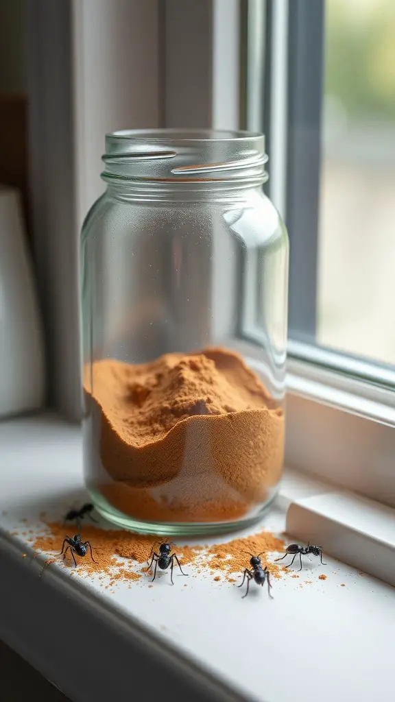 15 Effective DIY Indoor Ant Repellents You Can Make at Home 7 A jar of cinnamon powder with ants around it on a windowsill.