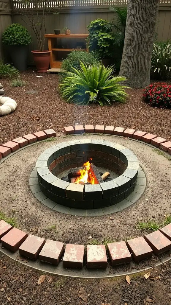 29 Creative Brick Garden Edging Ideas to Transform Your Outdoor Space 16 A circular brick fire pit bordered by bricks, with a fire burning inside.