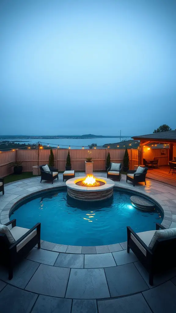 A cozy circular pool surrounded by a fire pit and seating area, with a scenic view.