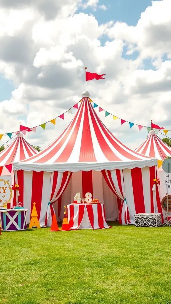 25 Creative Baby Shower Themes for September Celebrations 11 A vibrant red and white circus tent with colorful bunting, set up for a baby shower