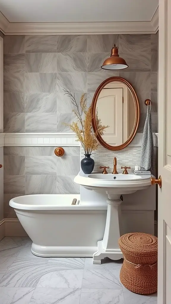 A luxurious bathroom featuring a freestanding bathtub, vintage sink, and stylish decor with copper accents.
