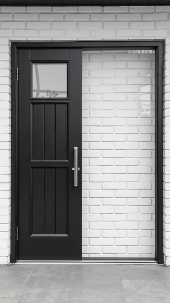 A stylish black front door against a white brick wall