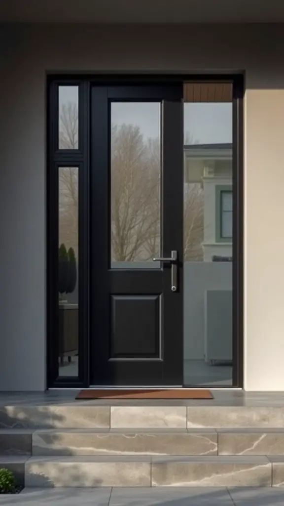 13 Stunning Front Door Color Ideas to Transform Your Home 10 A modern black front door with glass panels and a welcome mat, leading to a stylish home entrance.