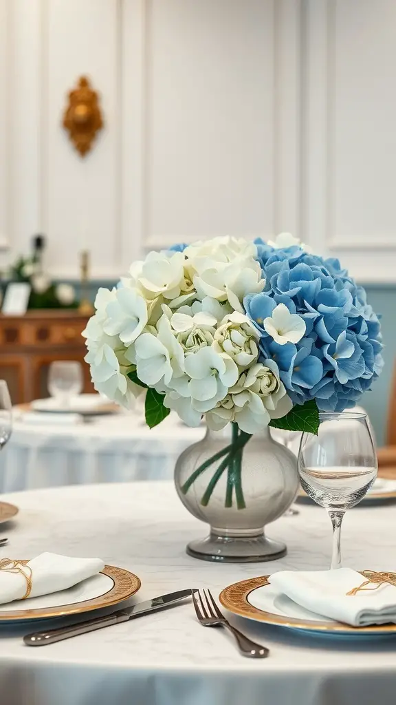 A table set with a classic blue and white hydrangea centerpiece in an elegant vase, surrounded by polished plates and glasses.