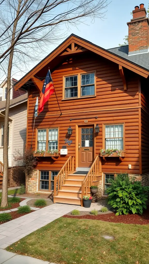 19 Beautiful Exterior House Colors to Transform Your Home 15 A warm brown house with wooden accents and a welcoming entrance