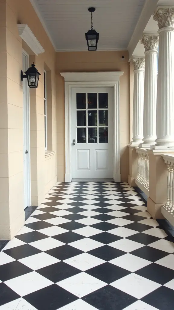 Painted concrete porch with a classic checkerboard design in black and white.