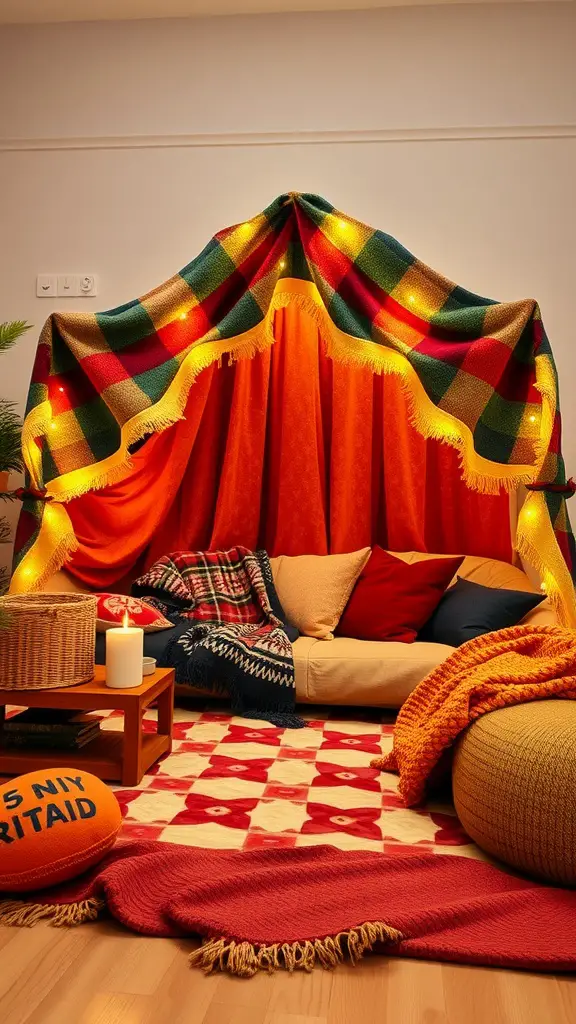 23 Creative Blanket Fort Ideas for Ultimate Cozy Fun 4 A cozy indoor blanket fort made with colorful blankets and fairy lights, featuring cushions and a small table with a candle.