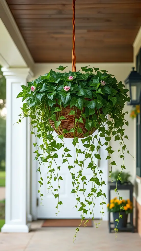 A lush hanging basket filled with ivy and small pink flowers, suspended on a porch.
