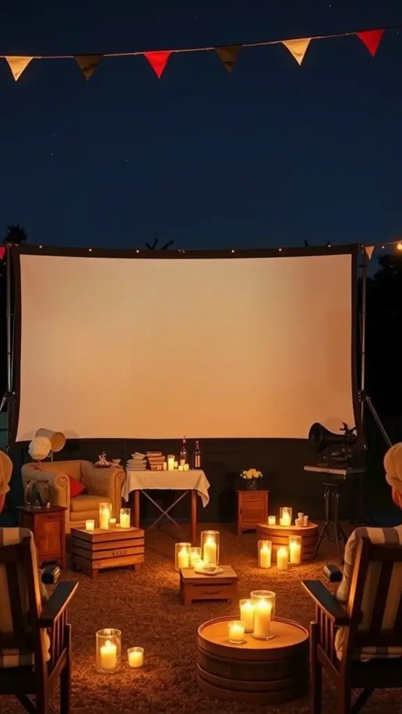 15 Creative Outdoor Movie Night Ideas for Unforgettable Evenings 5 Outdoor movie setup with a large screen, cozy seating, candles, and vintage decorations.