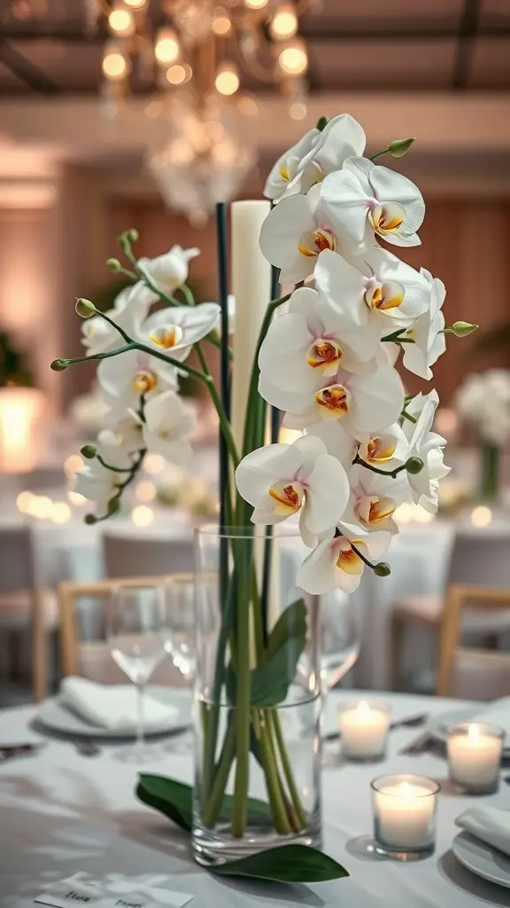 19 Stunning Wedding Floral Centerpieces to Inspire Your Big Day 7 A beautiful classic orchid centerpiece featuring white orchids in a clear vase with a candle and greenery.