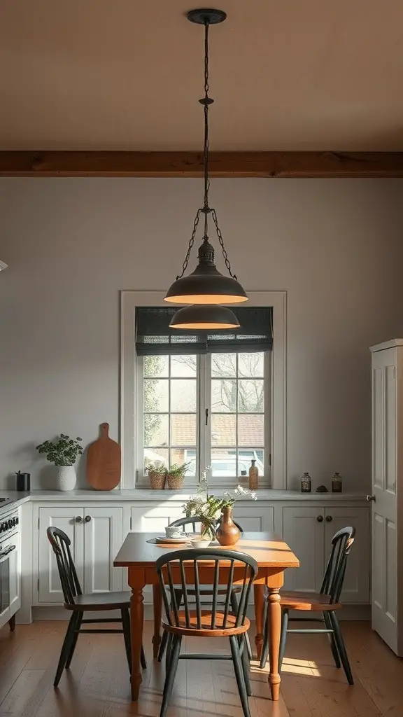 A classic pendant light hanging over a wooden dining table in a cozy kitchen.
