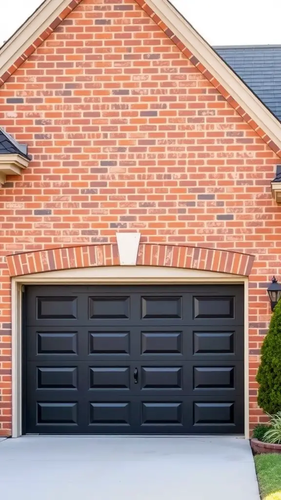 A classic raised panel black garage door against a brick house.