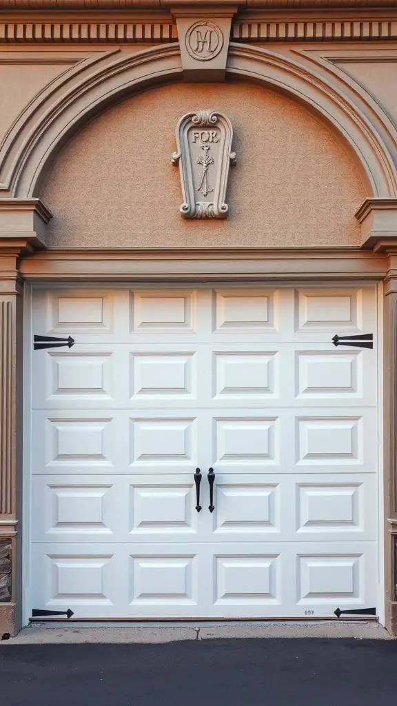 Classic raised panel garage door with elegant hardware and a light color.