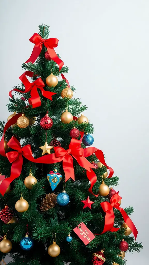 17 Creative Dollar Tree Christmas Tree Ideas on a Budget 16 A Christmas tree decorated with red bows, gold and blue ornaments against a light background.