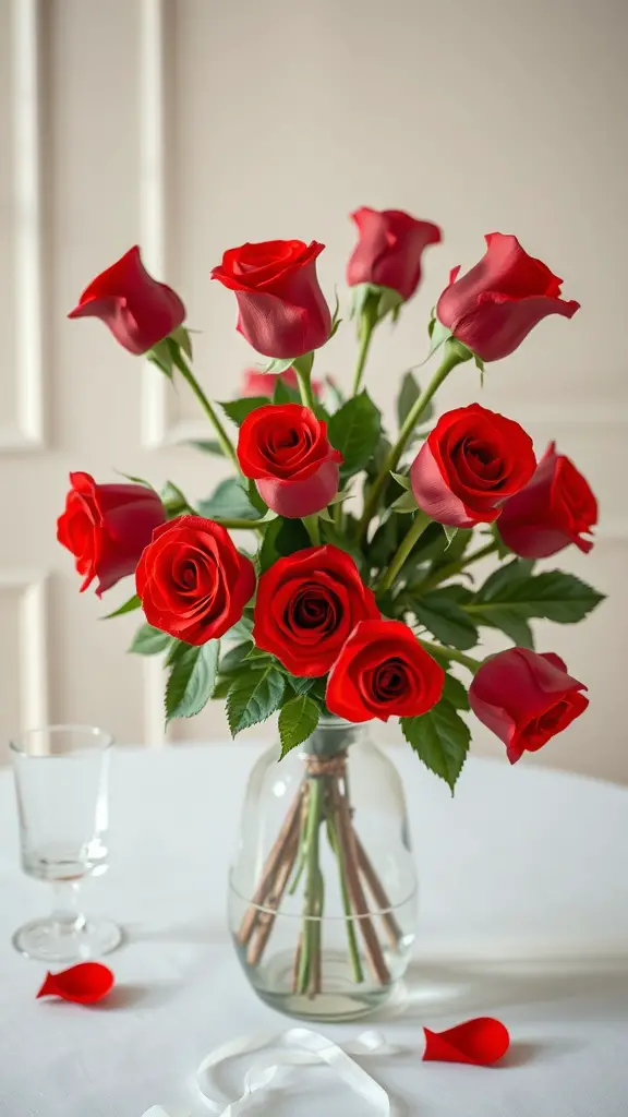 17 Stunning Flower Arrangement Ideas You’ll Love 2 A beautiful arrangement of classic red roses in a glass vase with scattered rose petals.