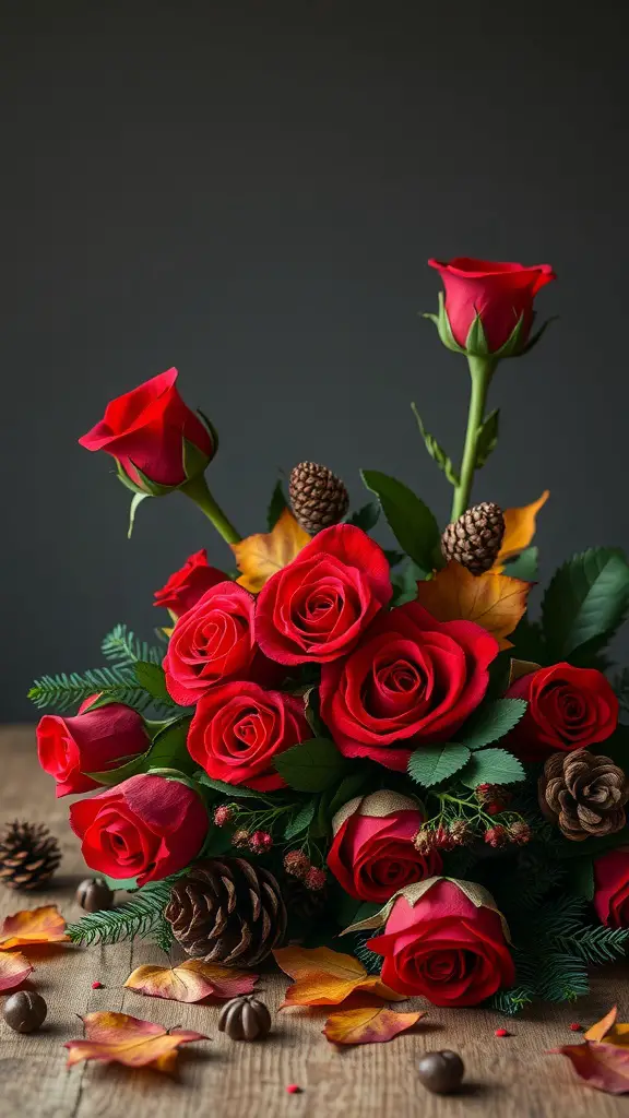 Bouquet of classic red roses with fall accents including pine cones and autumn leaves.