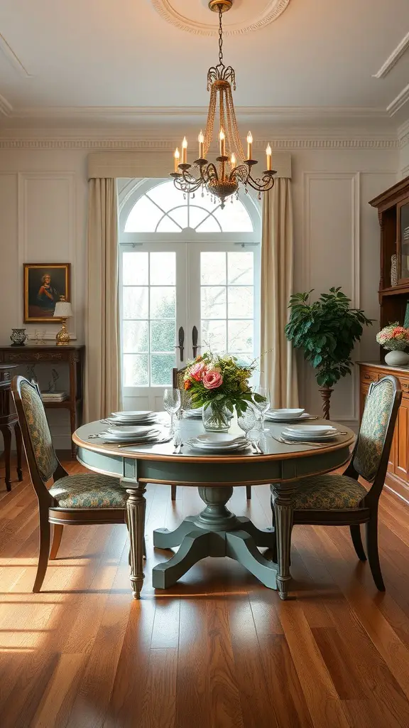 23 Creative Round Dining Table Ideas for Your Home 13 A classic round dining table set for a meal, with elegant chairs and a floral centerpiece, under a chandelier in a well-lit room.