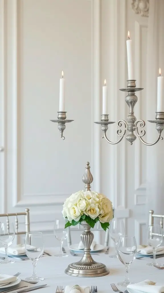 25 Stunning Wedding Table Centerpieces to Inspire Your Big Day 10 A table centerpiece featuring a classic silver candelabra with white candles and a bouquet of white roses.