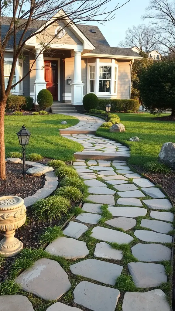 Curved stone pathway leading to a house, surrounded by green grass and bushes.