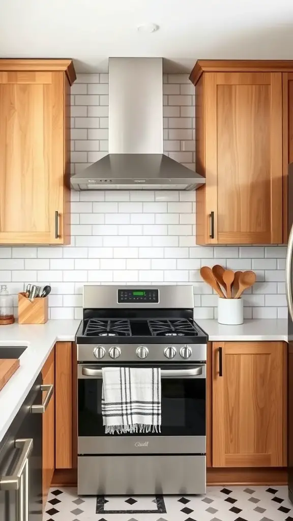 21 Stunning Backsplash Ideas for Your Dream Kitchen 5 A kitchen featuring classic subway tile backsplash, wooden cabinets, and stainless steel appliances.