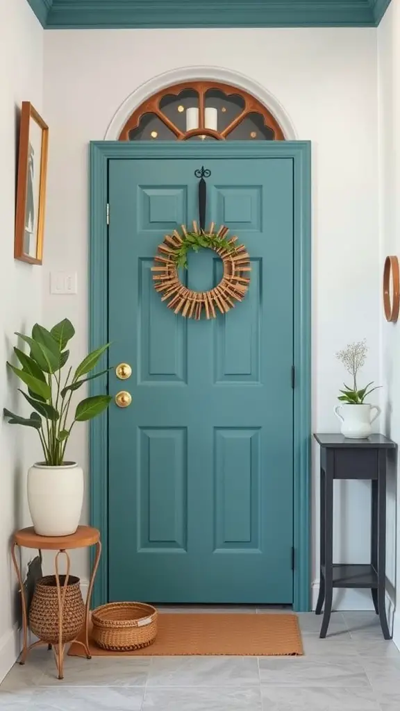A classic teal door enhances the entryway with its unique charm.