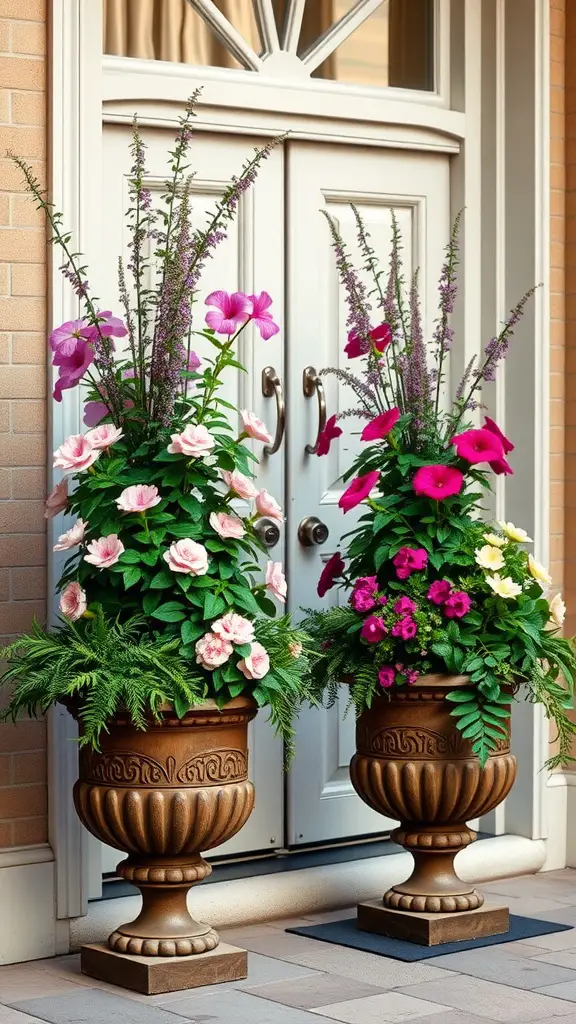 19 Stunning Front Door Planter Ideas to Elevate Your Entryway 4 Two classic urn-style planters filled with colorful flowers placed beside a front door.