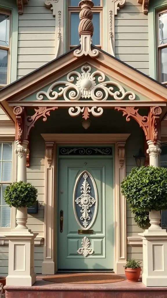 15 Stunning Sage Green Exterior Doors to Inspire Your Home Makeover 5 Sage green Victorian door with ornate design and topiaries