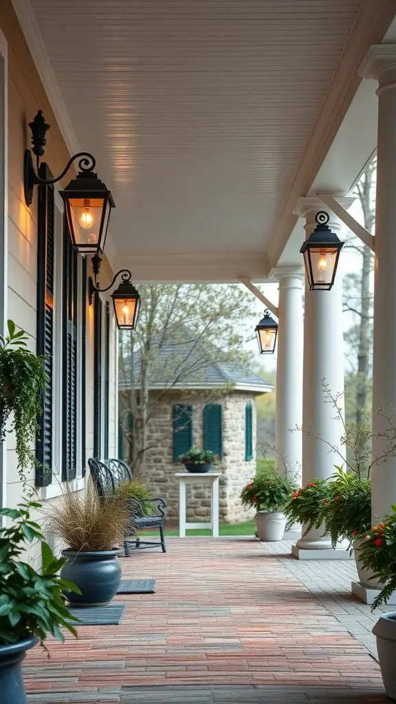 A beautifully lit porch featuring classic wall lanterns, showcasing a warm and inviting atmosphere.