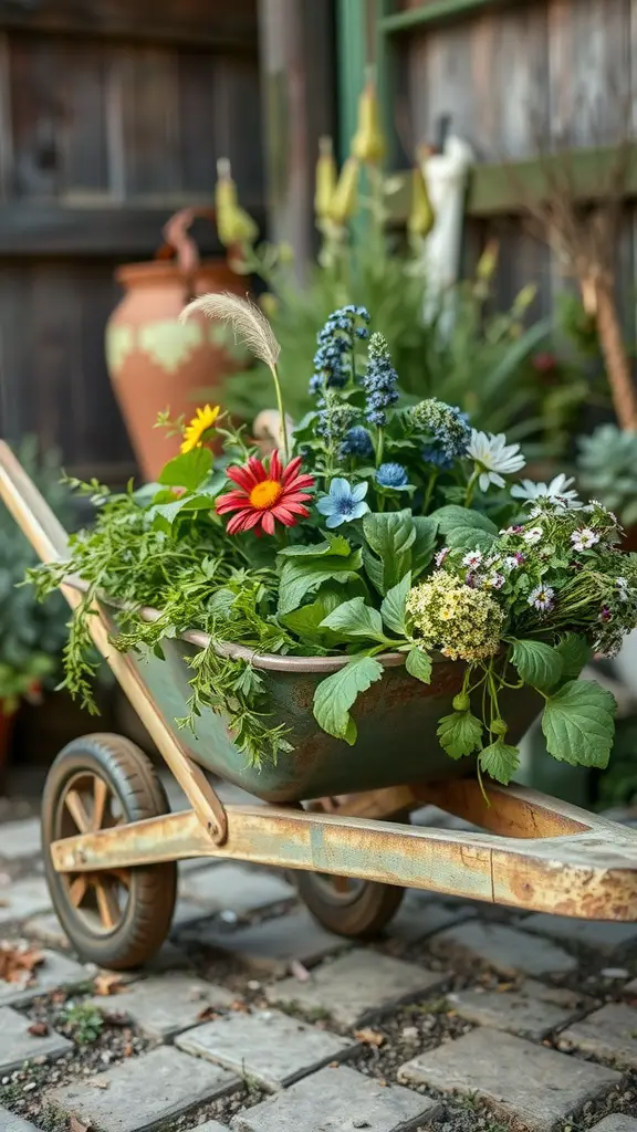 A rustic wheelbarrow filled with various colorful flowers and green herbs, sitting in a garden setting.