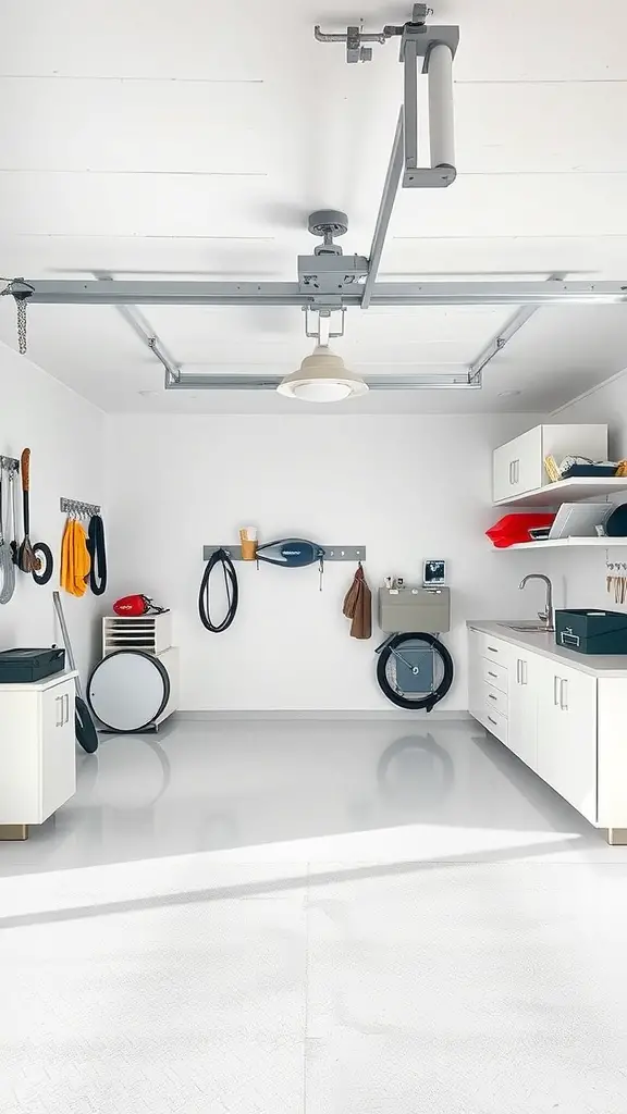 A bright, clean garage with white walls, organized tools, and neat cabinets.