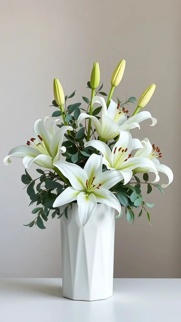 21 Stunning Flower Bouquet Ideas for Every Occasion 4 A beautiful bouquet of white lilies and eucalyptus in a modern vase.