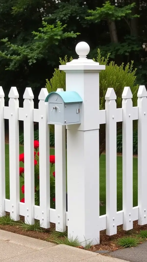 A classic white picket fence with a soft blue mailbox and red roses in the background.