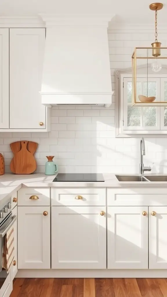A modern kitchen featuring a classic white subway tile backsplash, white cabinetry, and wooden accents.