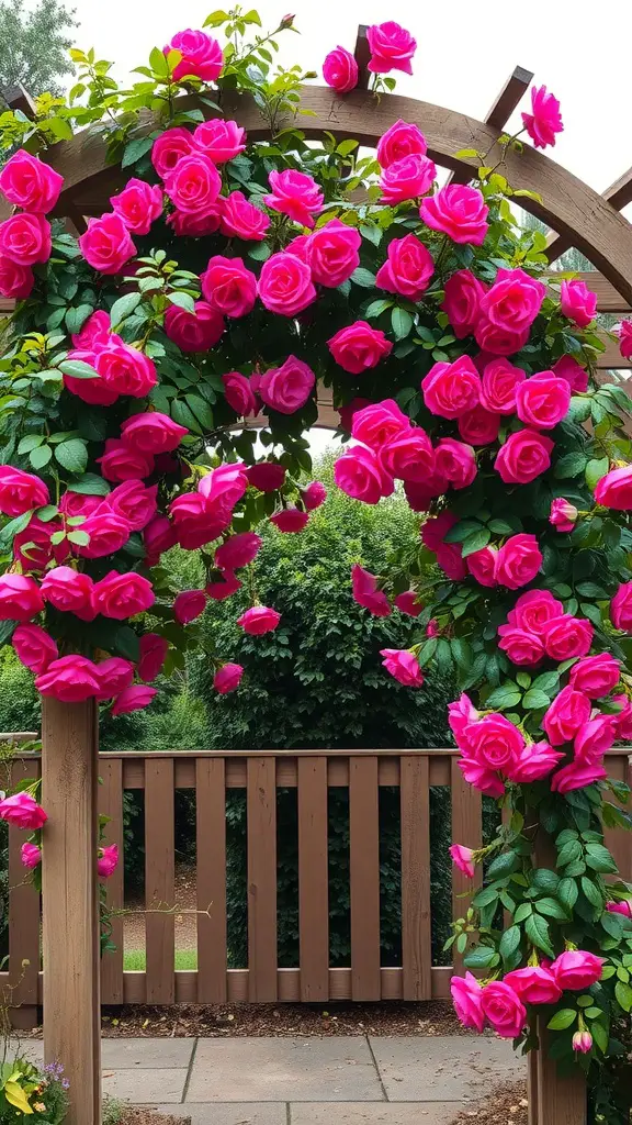 19 Creative Garden Arbor Ideas You’ll Love 6 Classic wooden arbor covered in bright pink climbing roses.