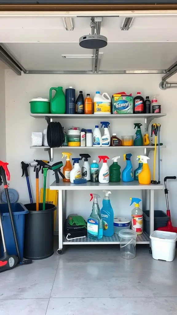 21 Creative Garage Storage Ideas You Need to Try 16 Organized garage cleaning supply station with shelves holding various cleaning products and tools.