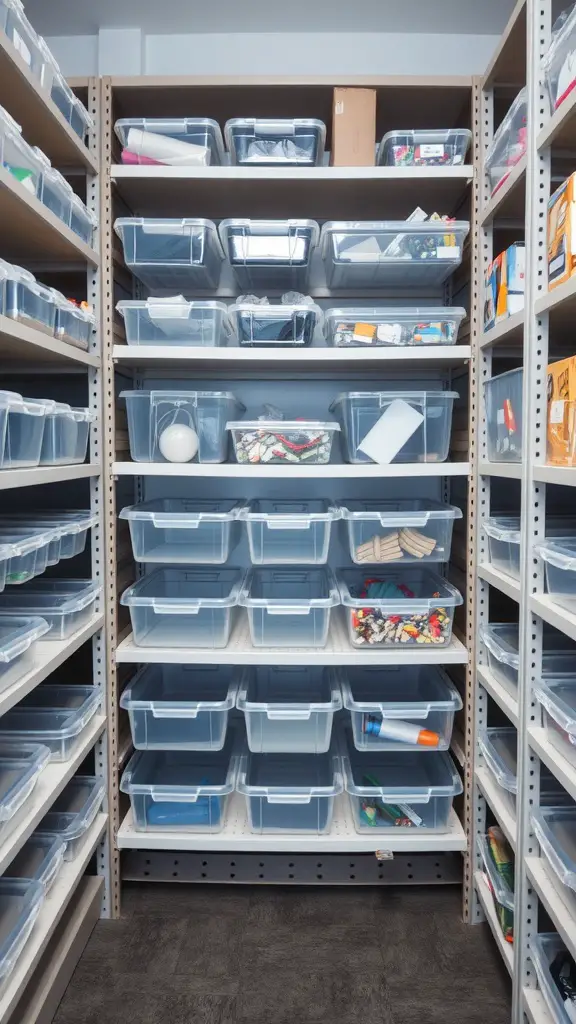 Organized garage shelving with clear plastic bins filled with various items.