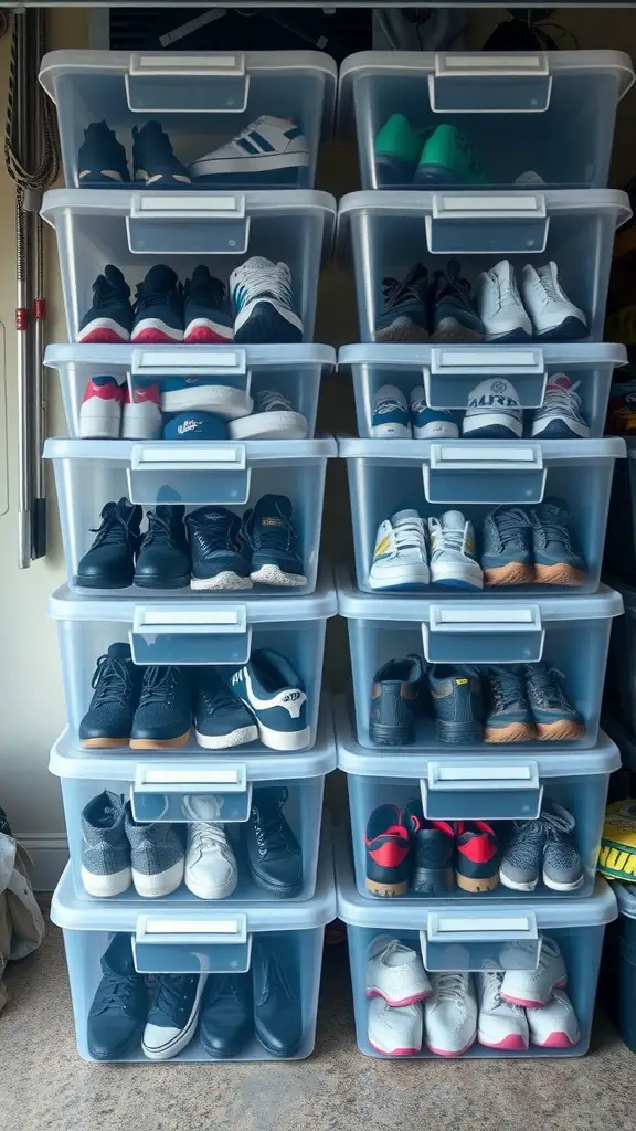 A stack of clear plastic shoe bins filled with various sneakers and shoes, organized neatly in a garage.