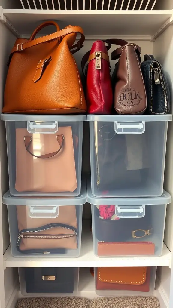 A shelf displaying colorful handbags on top and clear plastic bins filled with additional bags below.