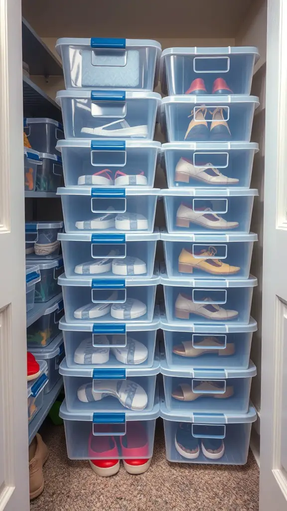 21 Creative Shoe Storage Ideas for Every Space 2 Stacked clear plastic shoe boxes filled with various shoes in a closet