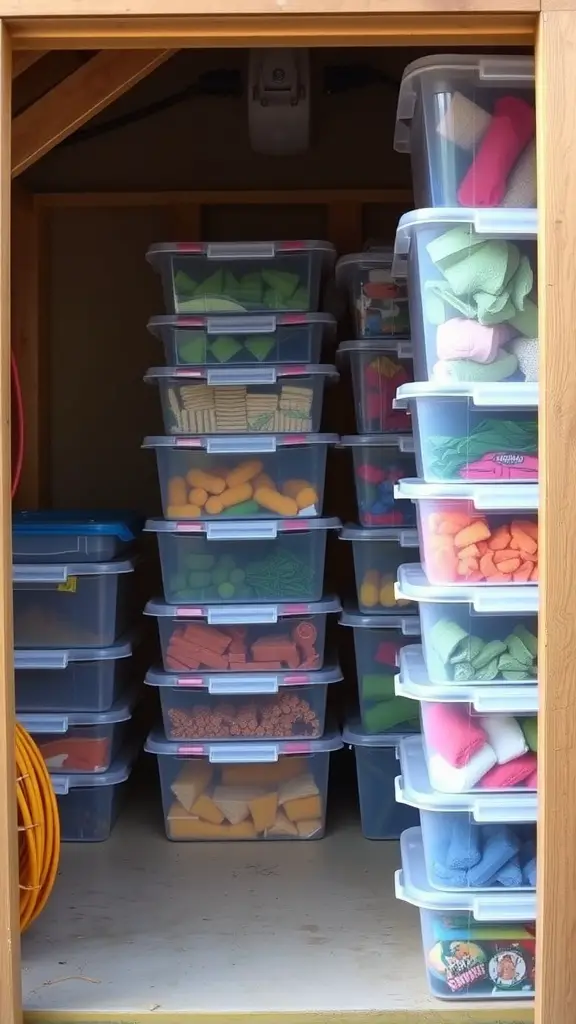 23 Genius Shed Organization Tips for Small Spaces 3 A view inside a shed showcasing clear storage bins filled with various colorful items stacked neatly.