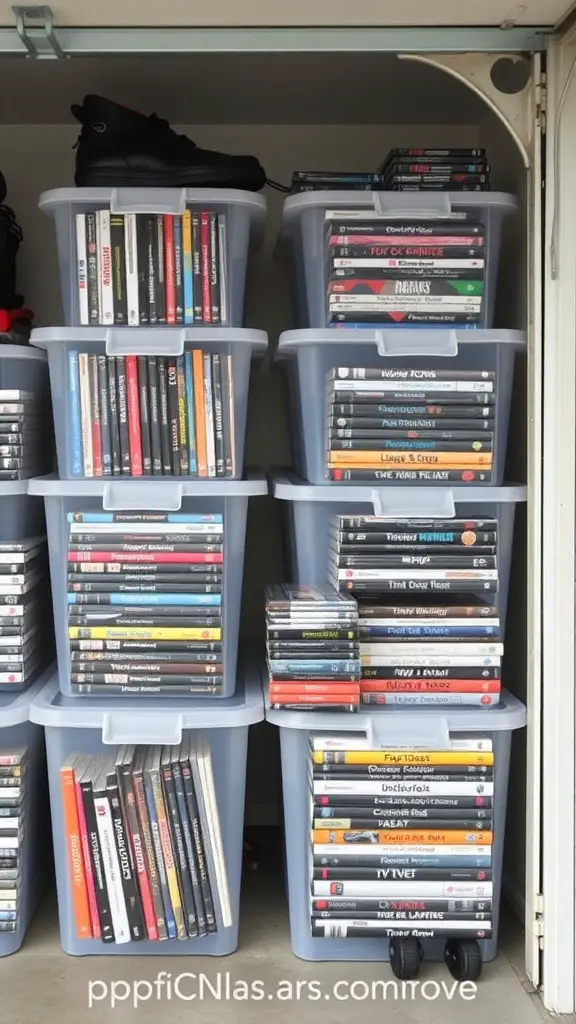 21 Creative DVD Storage Solutions for an Organized Home 10 Clear storage bins filled with DVDs organized on a shelf