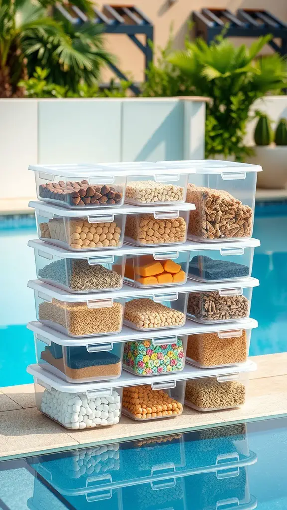 21 Creative Pool Storage Ideas You Need This Summer 12 A stack of clear storage containers filled with various items by a pool.