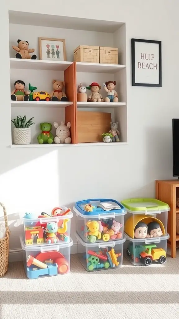 25 Creative Living Room Toy Storage Ideas for a Clutter-Free Space 10 A bright living room scene featuring clear storage containers filled with colorful toys and a shelf displaying various toys and decorations.