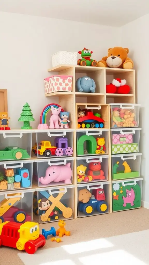 A well-organized playroom with clear storage containers holding various toys.