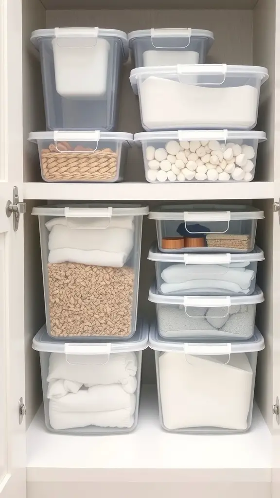 Organized bathroom storage with clear containers stacked in a cabinet.