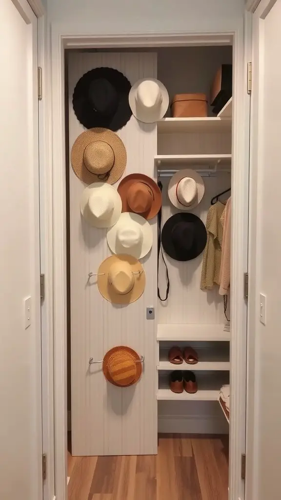 19 Creative Hat Storage Ideas for Every Space 17 A closet door decorated with various hats for clever storage