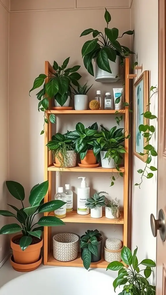 Wooden corner shelving unit filled with plants and bathroom products
